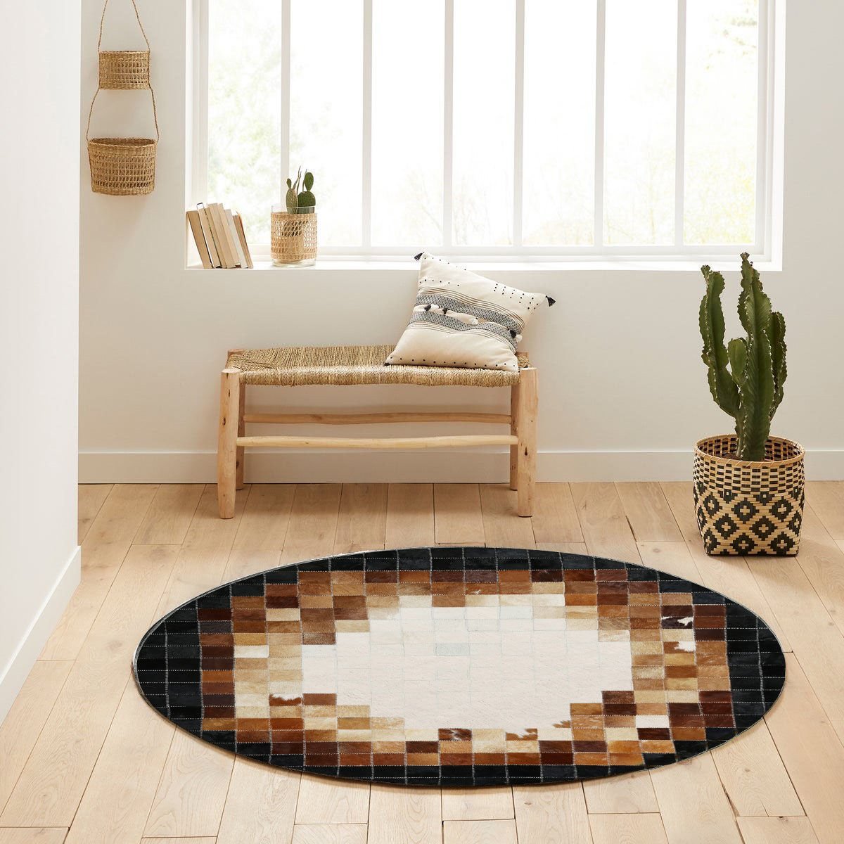 Black Color Natural Calfskin Patchwork Rug