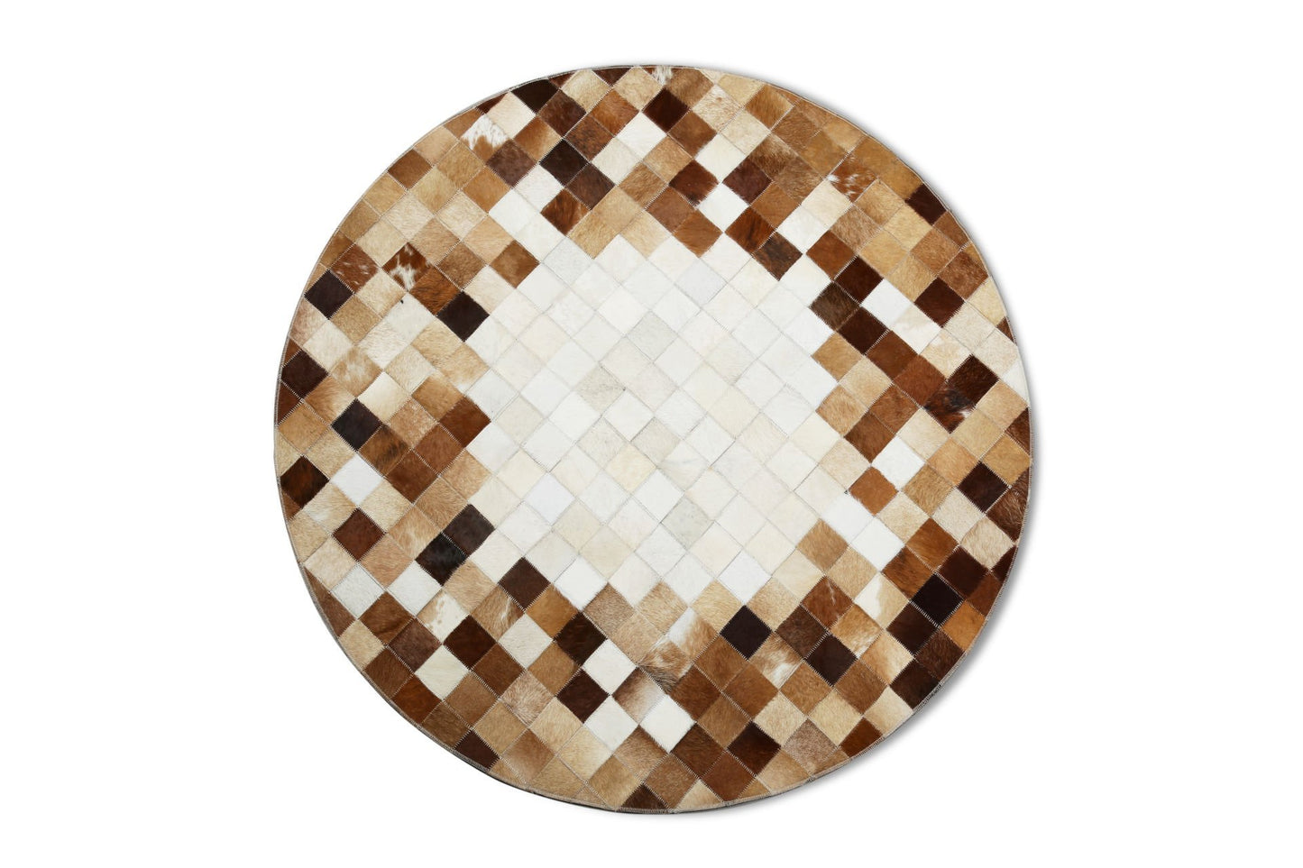 White & Brown Round Patchwork Calfskin Rug