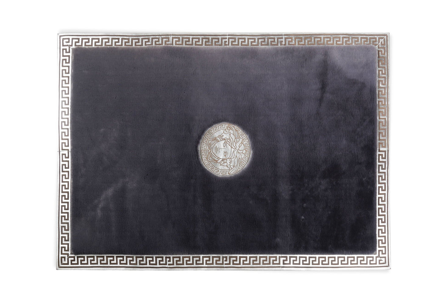 Medusa Patterned Gray Plush Rug with Silver Foil