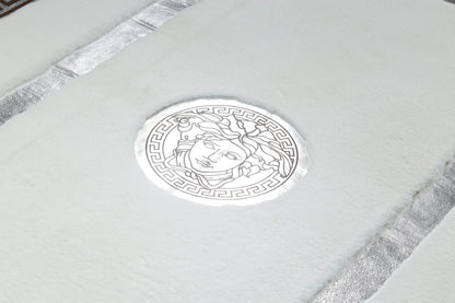 Medusa Patterned White Plush Rug with Silver Foil