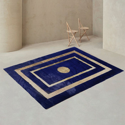Medusa Patterned Navy Blue Plush Rug with Silver Foil