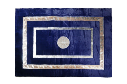 Medusa Patterned Navy Blue Plush Rug with Silver Foil