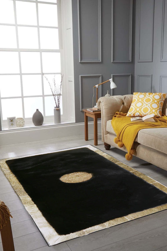 Gold Foil Medusa Patterned Black Plush Rug
