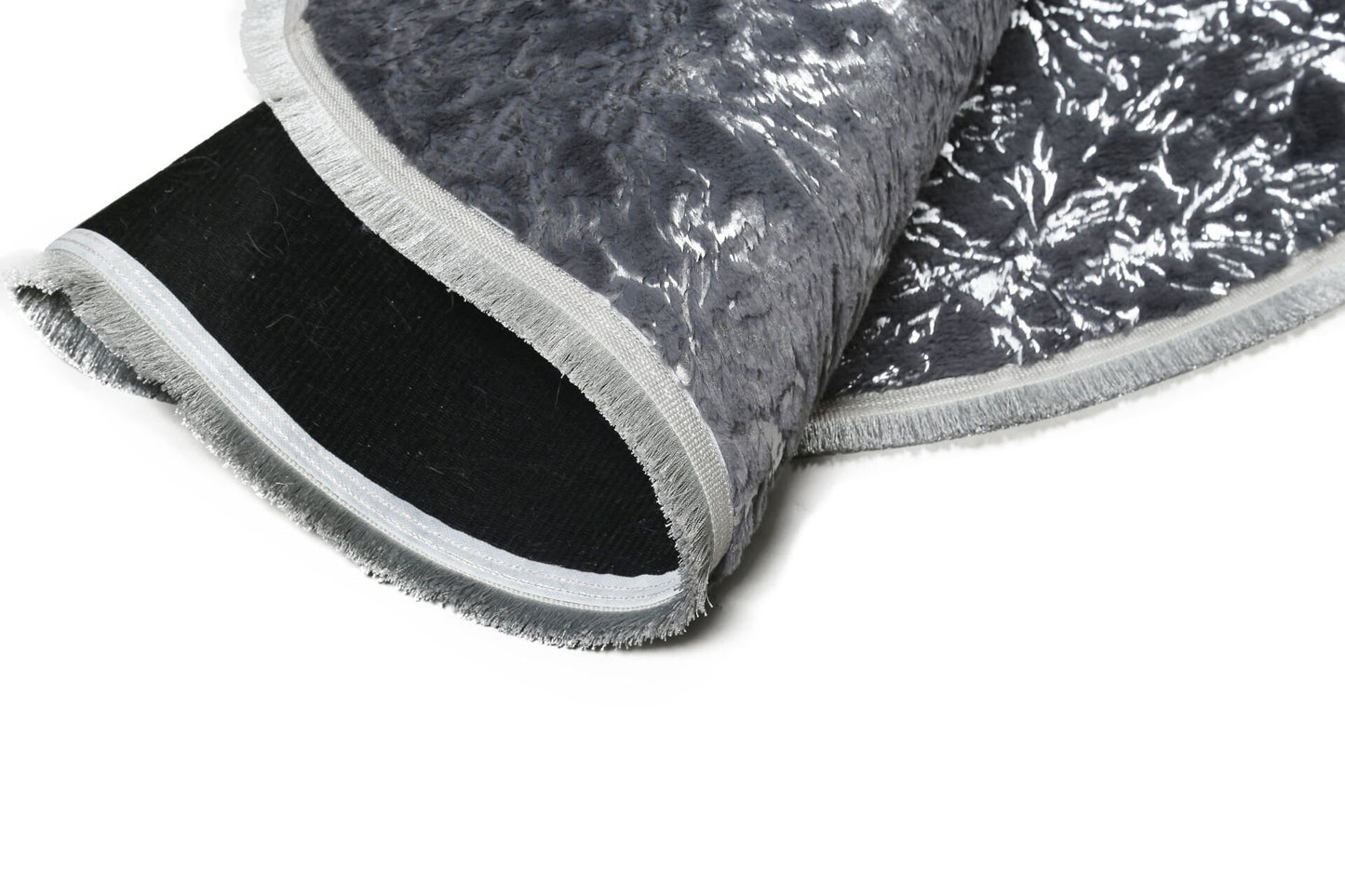 Silver Foil Bird's Foot Modeled Black Plush Doormat with Tassels