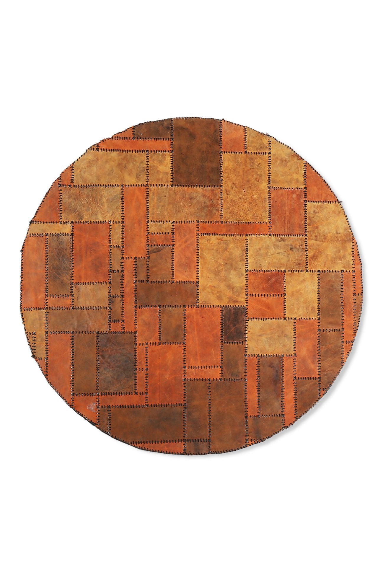 Brown Calfskin Stitch Patchwork Round Rug