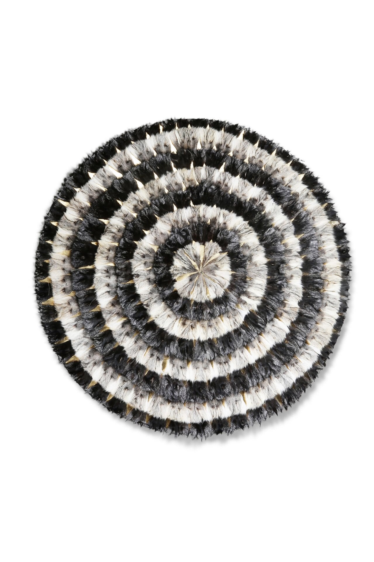 Round Natural Fur Rug with Black Gold Foil Detail