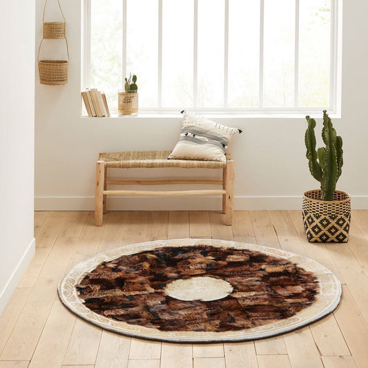 Ottoman Patterned Brown Natural Fur Round Rug